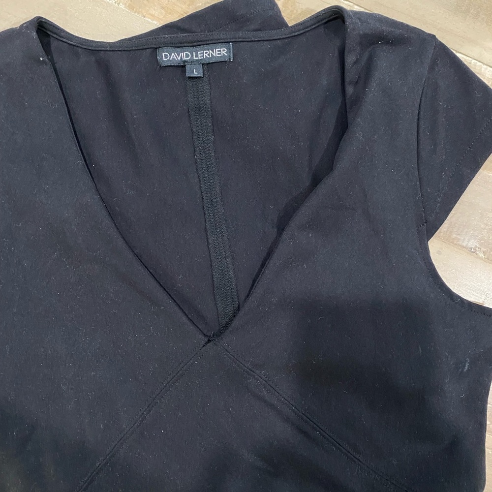 David Lerner cap sleeve fitted stretch Bodycon mini dress basic staple piece L - Picture 9 of 10